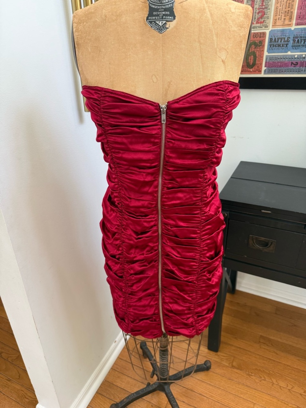 Betsey Johnson Red Strapless Ruched Silk Mini Dress with Front Zipper